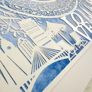 New York skyline ketubah papercut with Massachusetts elements, gold leaf LOVE sculpture and personalized details by Noa Attias