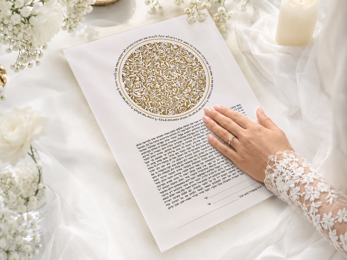 Bloom Ketubah with circular floral papercut and Hebrew verses