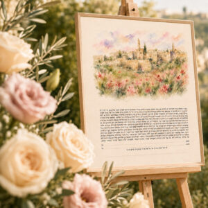 Jerusalem Wildflower Ketubah Print featuring a watercolor Jerusalem landscape surrounded by delicate wildflowers.