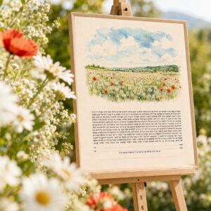 Galil Wildflower Ketubah Print featuring a watercolor landscape of open fields, colorful wildflowers, and a soft blue sky.