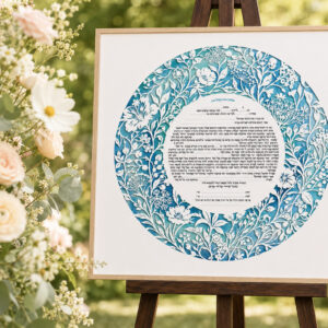 Circular Wildflower Ketubah displayed on an easel in a floral garden setting