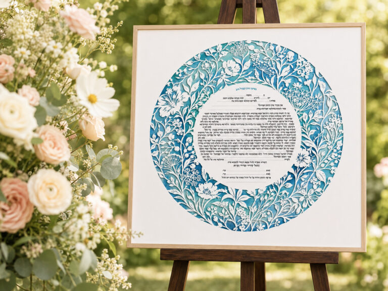 Circular Wildflower Ketubah displayed on an easel in a floral garden setting