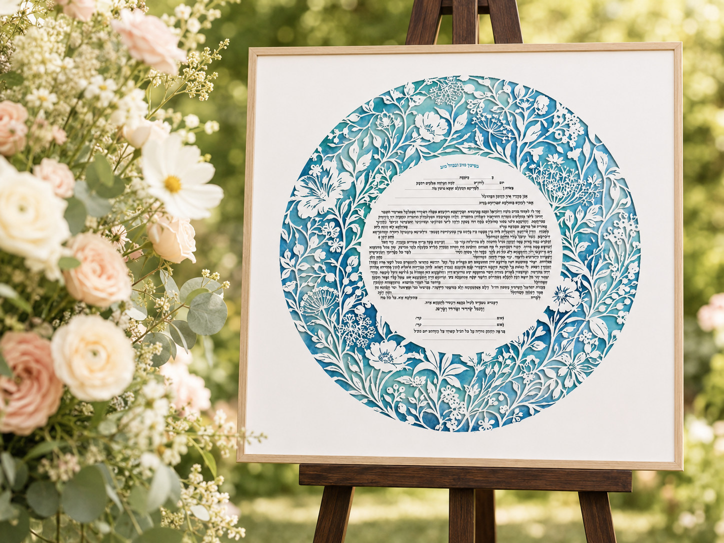 Circular Wildflower Ketubah displayed on an easel in a floral garden setting