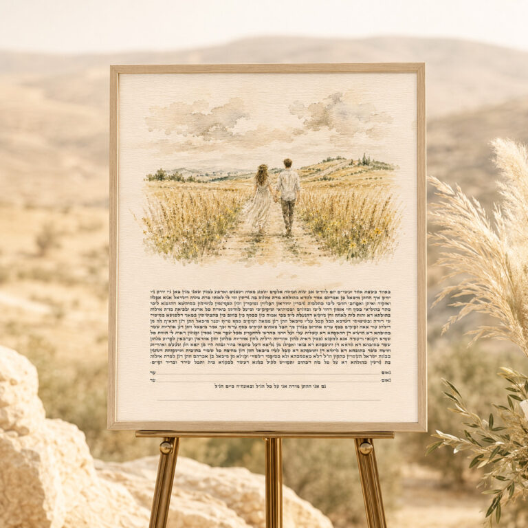 The Golden Path Ketubah Print featuring a couple walking together through a golden field beneath a soft watercolor sky.