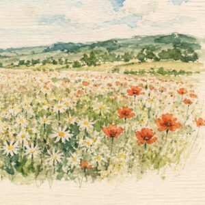 Galil Wildflower Ketubah Print featuring a watercolor landscape of open fields, colorful wildflowers, and a soft blue sky.