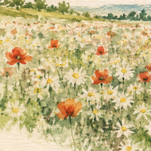 Galil Wildflower Ketubah Print featuring a watercolor landscape of open fields, colorful wildflowers, and a soft blue sky.