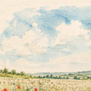Galil Wildflower Ketubah Print featuring a watercolor landscape of open fields, colorful wildflowers, and a soft blue sky.