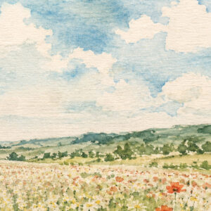 Galil Wildflower Ketubah Print featuring a watercolor landscape of open fields, colorful wildflowers, and a soft blue sky.
