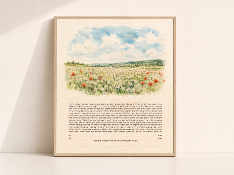 Galil Wildflower Ketubah Print featuring a watercolor landscape of open fields, colorful wildflowers, and a soft blue sky.