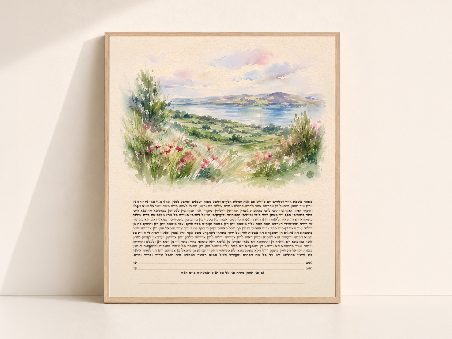Kineret Ketubah Print featuring a watercolor landscape of the Sea of Galilee surrounded by wildflowers and greenery.