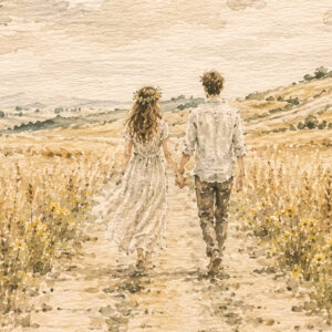 The Golden Path Ketubah Print featuring a couple walking together through a golden field beneath a soft watercolor sky.