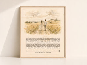 The Golden Path Ketubah Print featuring a couple walking together through a golden field beneath a soft watercolor sky.