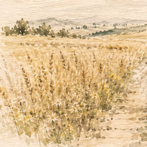 The Golden Path Ketubah Print featuring a couple walking together through a golden field beneath a soft watercolor sky.