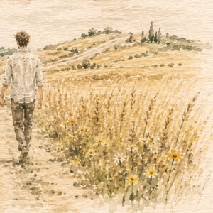 The Golden Path Ketubah Print featuring a couple walking together through a golden field beneath a soft watercolor sky.