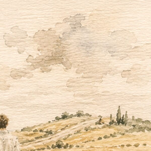 The Golden Path Ketubah Print featuring a couple walking together through a golden field beneath a soft watercolor sky.