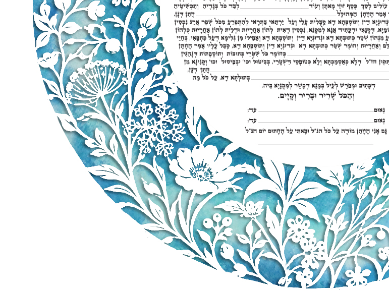Circular Wildflower Ketubah displayed on an easel in a floral garden setting