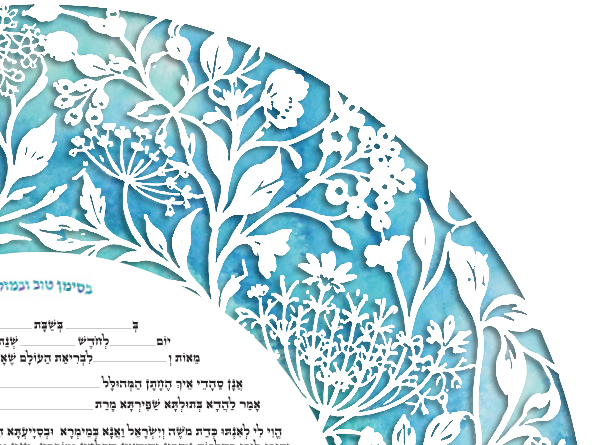Circular Wildflower Ketubah displayed on an easel in a floral garden setting