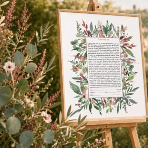 Wild Garden Ketubah surrounded by lush watercolor flowers and botanical greenery.