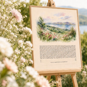 Kineret Ketubah Print featuring a watercolor landscape of the Sea of Galilee surrounded by wildflowers and greenery.