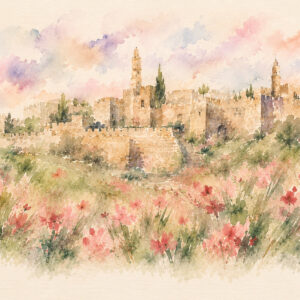 Jerusalem Wildflower Ketubah Print featuring a watercolor Jerusalem landscape surrounded by delicate wildflowers.