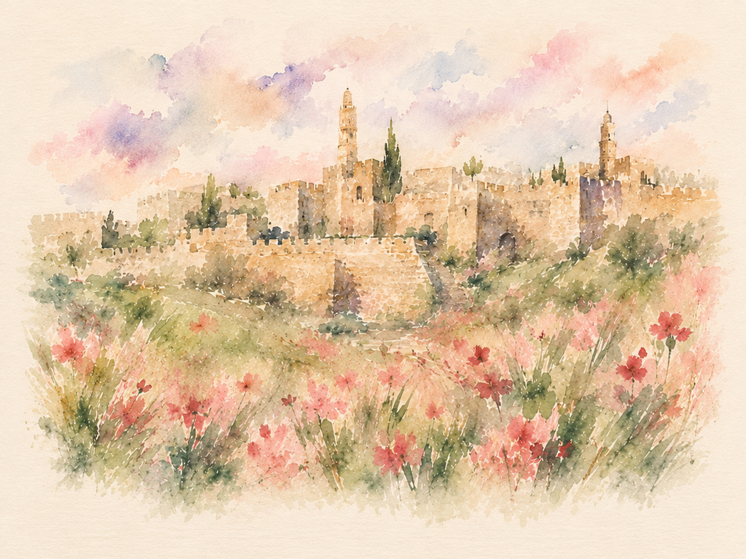 Jerusalem Wildflower Ketubah Print featuring a watercolor Jerusalem landscape surrounded by delicate wildflowers.