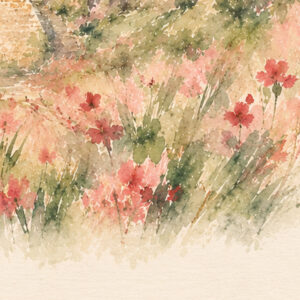 Jerusalem Wildflower Ketubah Print featuring a watercolor Jerusalem landscape surrounded by delicate wildflowers.