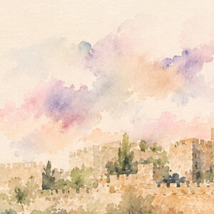Jerusalem Wildflower Ketubah Print featuring a watercolor Jerusalem landscape surrounded by delicate wildflowers.