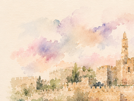 Jerusalem Wildflower Ketubah Print featuring a watercolor Jerusalem landscape surrounded by delicate wildflowers.
