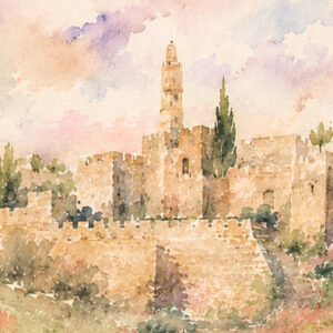 Jerusalem Wildflower Ketubah Print featuring a watercolor Jerusalem landscape surrounded by delicate wildflowers.
