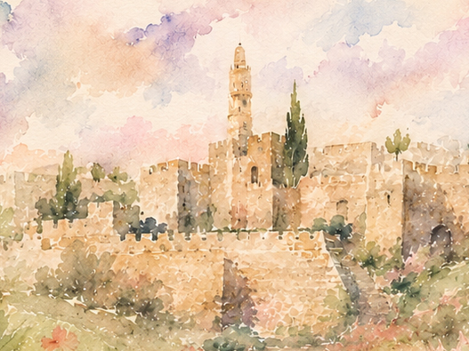 Jerusalem Wildflower Ketubah Print featuring a watercolor Jerusalem landscape surrounded by delicate wildflowers.