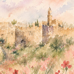 Jerusalem Wildflower Ketubah Print featuring a watercolor Jerusalem landscape surrounded by delicate wildflowers.
