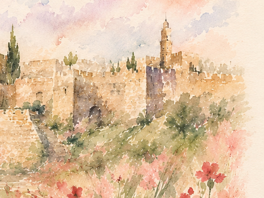 Jerusalem Wildflower Ketubah Print featuring a watercolor Jerusalem landscape surrounded by delicate wildflowers.