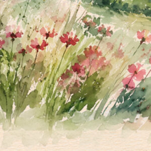 Kineret Ketubah Print featuring a watercolor landscape of the Sea of Galilee surrounded by wildflowers and greenery.