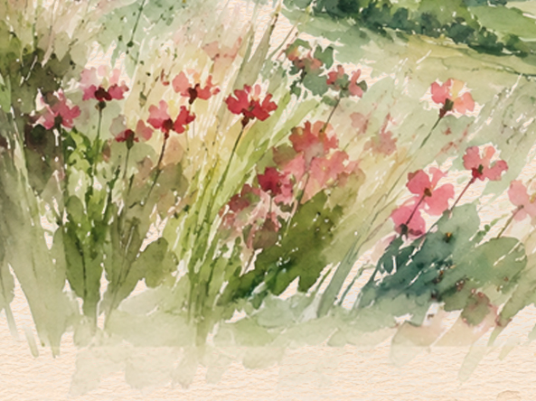 Kineret Ketubah Print featuring a watercolor landscape of the Sea of Galilee surrounded by wildflowers and greenery.