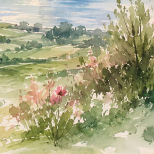 Kineret Ketubah Print featuring a watercolor landscape of the Sea of Galilee surrounded by wildflowers and greenery.