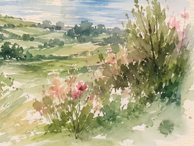 Kineret Ketubah Print featuring a watercolor landscape of the Sea of Galilee surrounded by wildflowers and greenery.