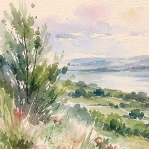 Kineret Ketubah Print featuring a watercolor landscape of the Sea of Galilee surrounded by wildflowers and greenery.