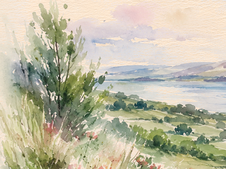 Kineret Ketubah Print featuring a watercolor landscape of the Sea of Galilee surrounded by wildflowers and greenery.