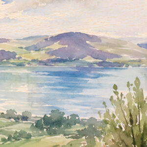 Kineret Ketubah Print featuring a watercolor landscape of the Sea of Galilee surrounded by wildflowers and greenery.
