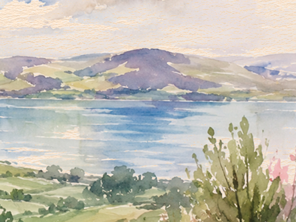 Kineret Ketubah Print featuring a watercolor landscape of the Sea of Galilee surrounded by wildflowers and greenery.