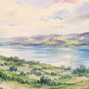 Kineret Ketubah Print featuring a watercolor landscape of the Sea of Galilee surrounded by wildflowers and greenery.