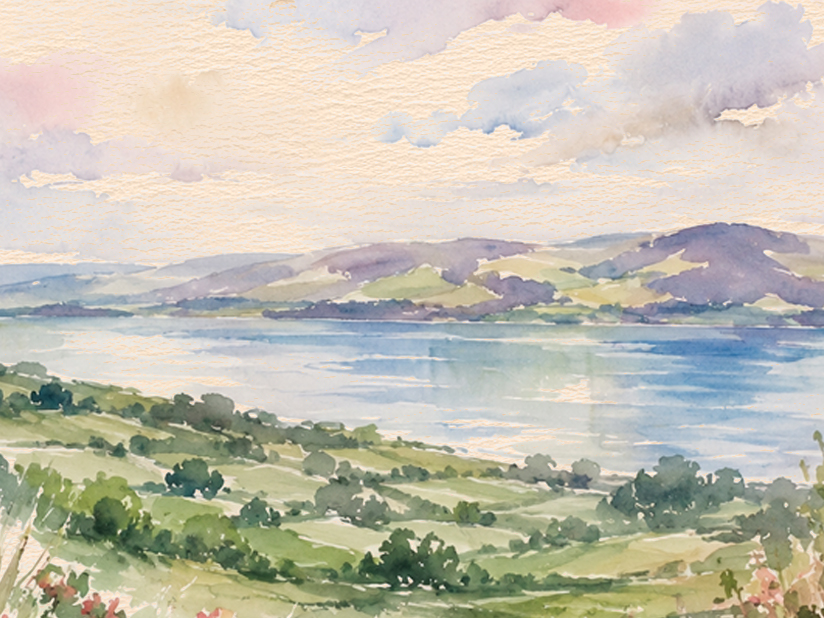 Kineret Ketubah Print featuring a watercolor landscape of the Sea of Galilee surrounded by wildflowers and greenery.